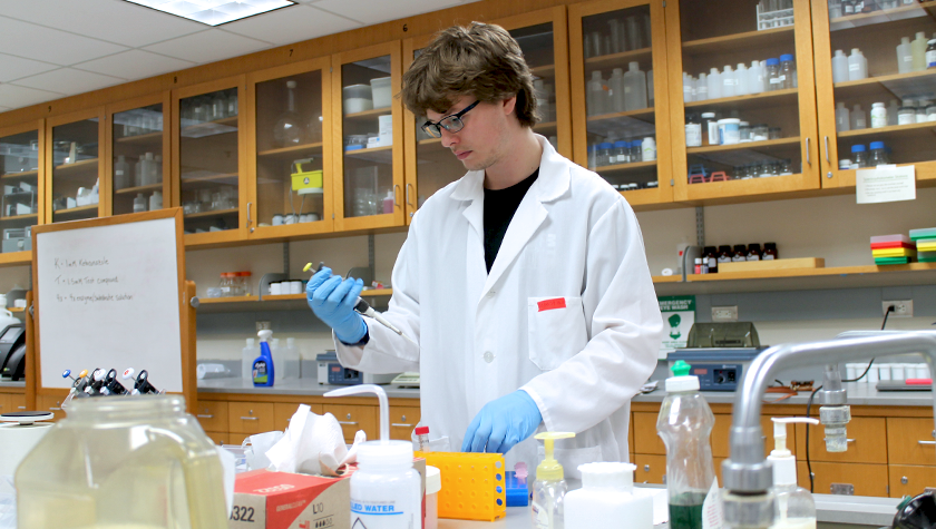 A student adjusts the settings on his pipette as he prepares a sample