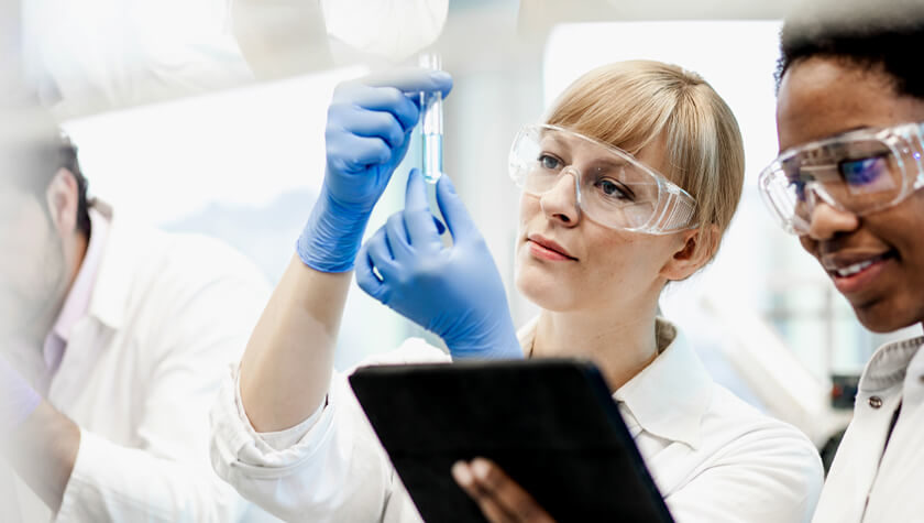 Students running an experiment in lab examine test tubes containing samples