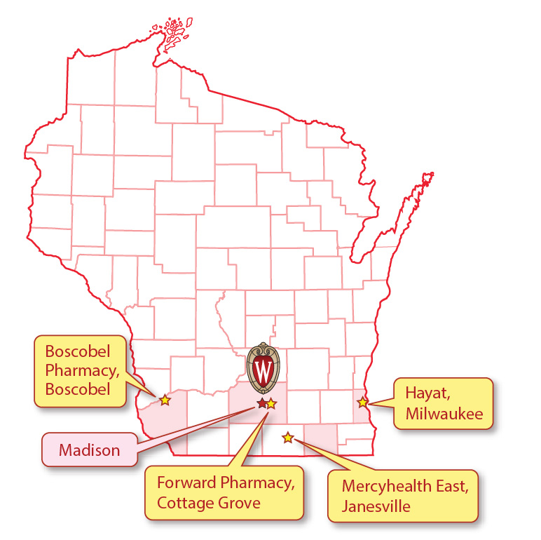 Map of Wisconsin showing the 6 CBPR sites: Boscobel, Cottage Grove, Madison, Janesville, Milwaukee, and Green Bay