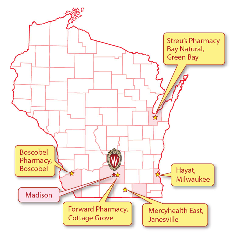 Map of Wisconsin showing the 6 CBPR sites: Boscobel, Cottage Grove, Madison, Janesville, Milwaukee, and Green Bay