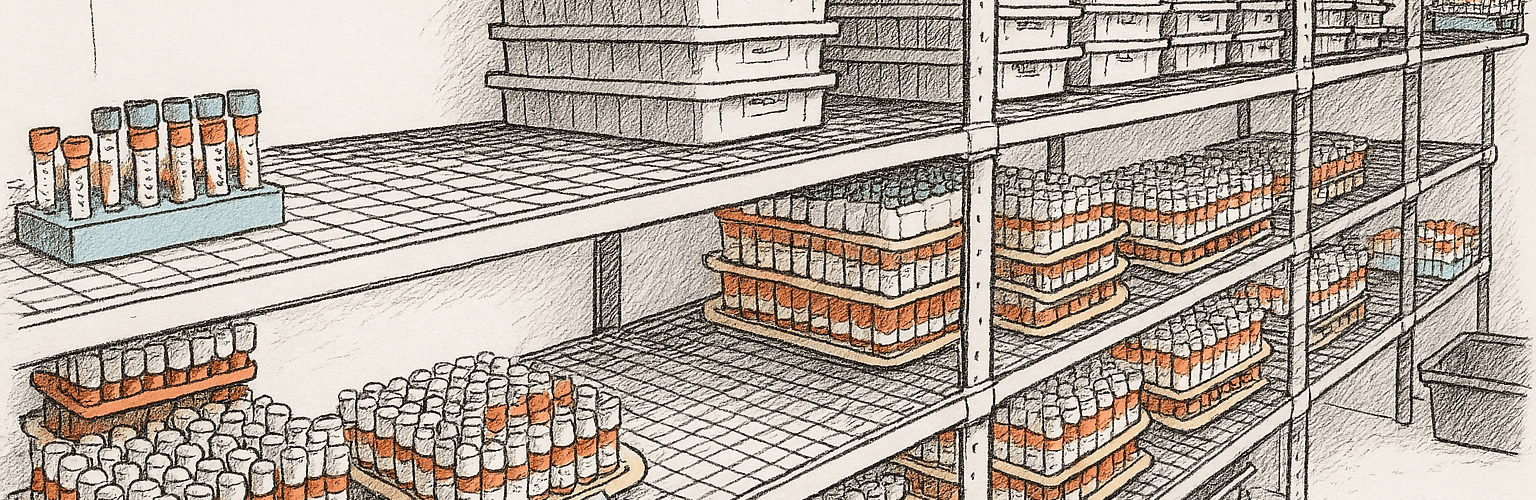 Sketch of a walk-in cooler housing several thousand specimens within a forensic toxicology laboratory.