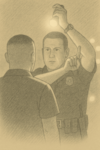 Sketch of a law enforcement officer evaluating a suspected impaired driver.