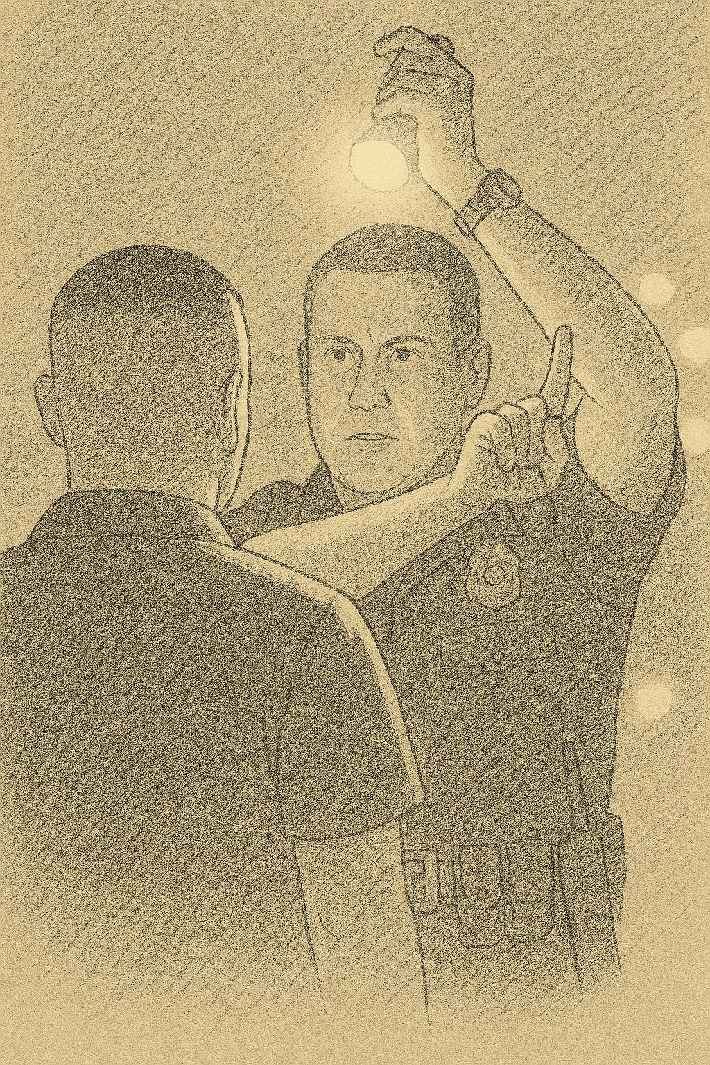 Sketch of a law enforcement officer evaluating a suspected impaired driver.