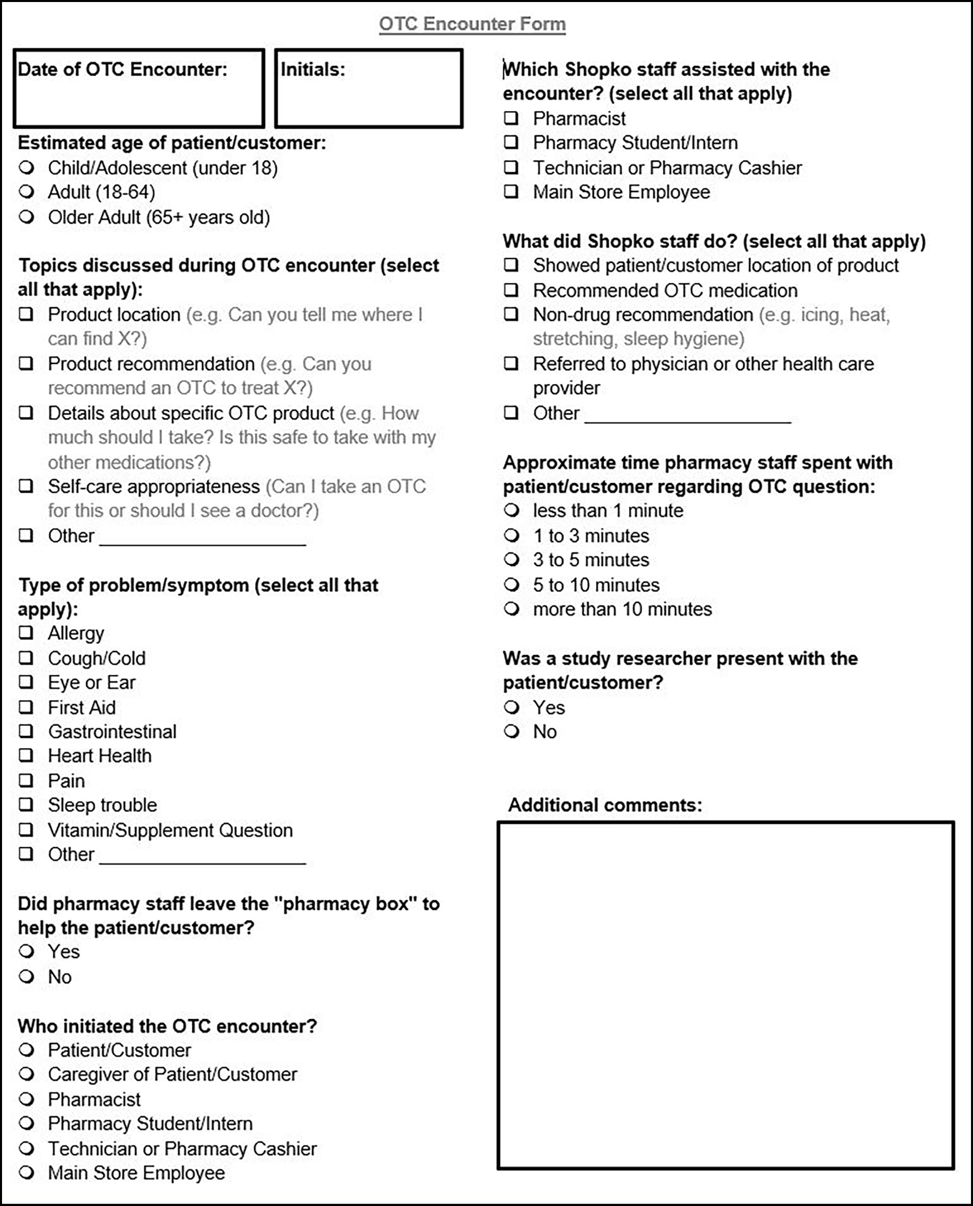 OTC encounter form tool