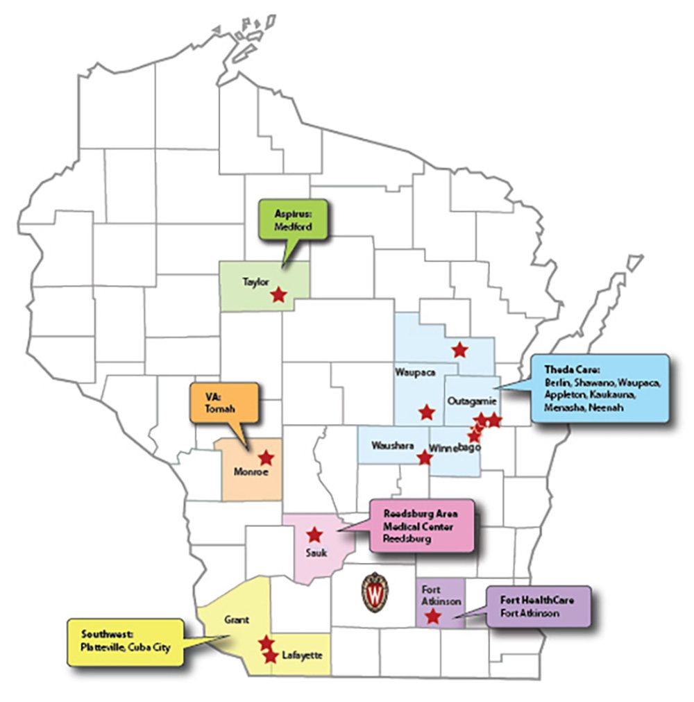 Map of Wisconsin's counties, highlighting on primary health providers for different areas
