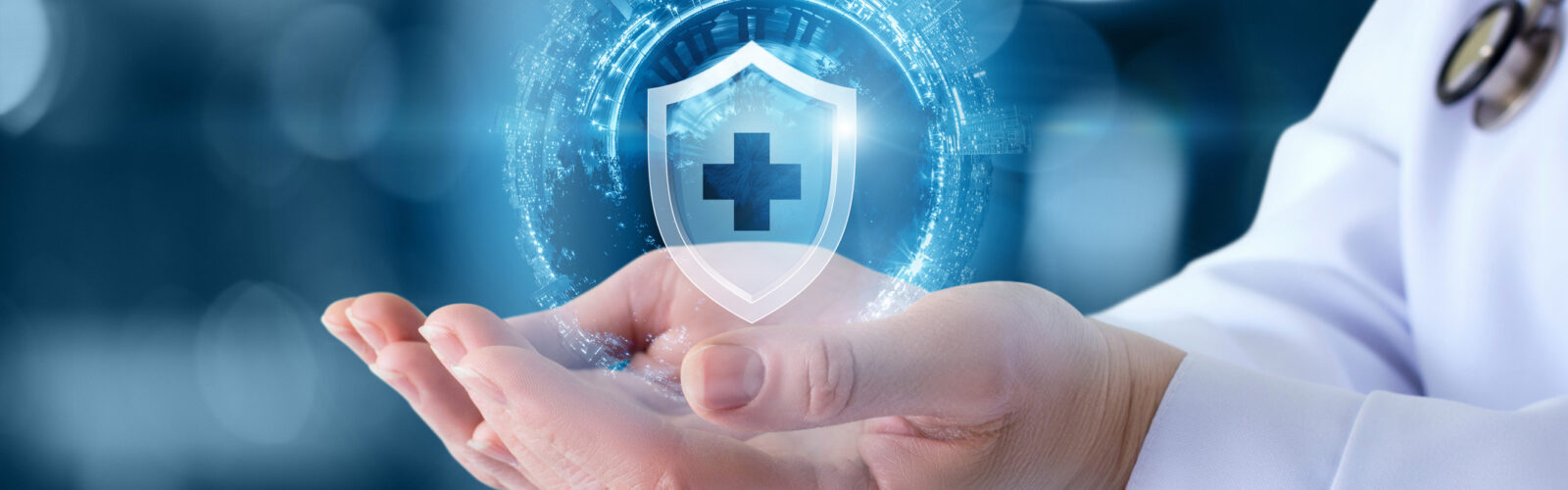 doctor with cupped hands and icon of healthcare system floating above