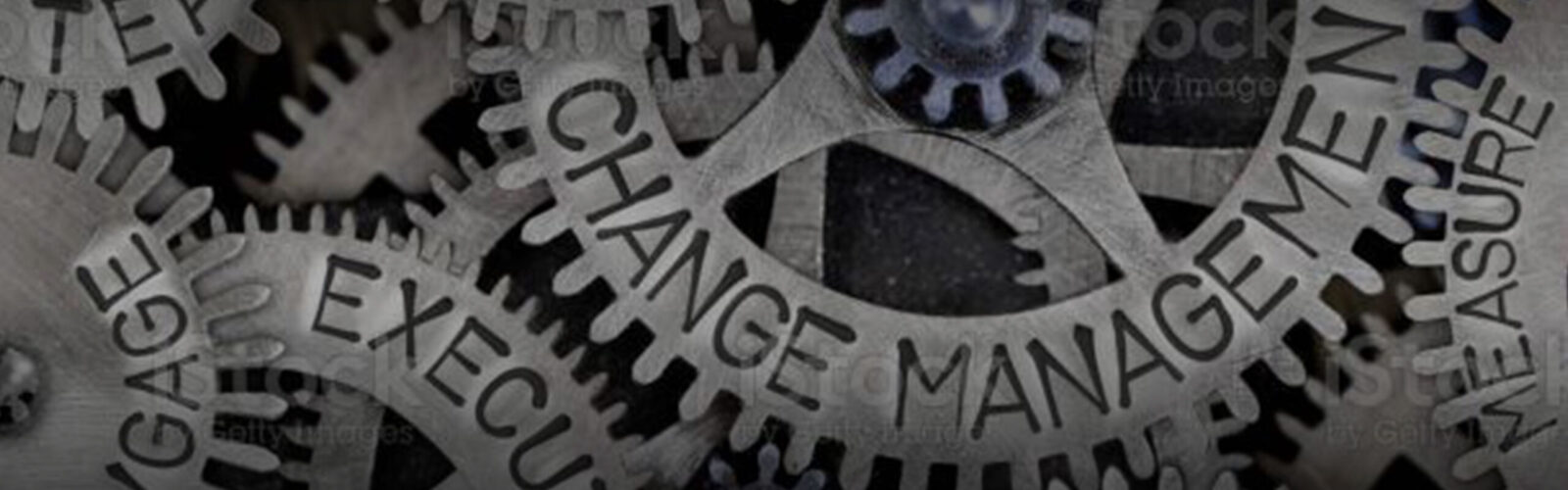 interlocking gears with change management and execute printed on the gears