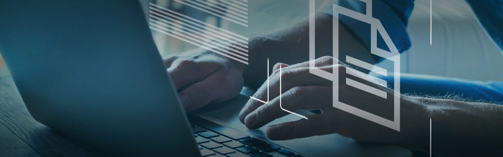 person typing on laptop with paper icons superimposed on overlay