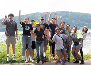 lab group on hike at Devil's Lake - group jump