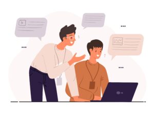 cartoon of two people having a discussion while looking at a laptop