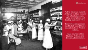 image from 1915 of Native American students filling prescriptions.