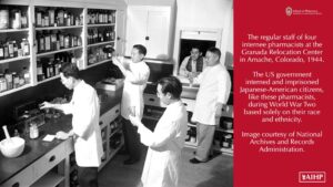 Japanese-American pharmacists at work at the Grenada Relocation Center in Amanche, CO in 1944