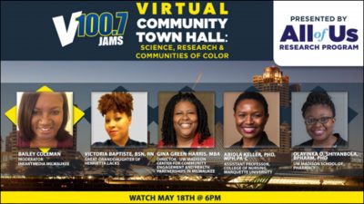 Poster displaying Prof. Shiyanbola participating in the Virtual Community Town Hall: Science, Research & Communities of color