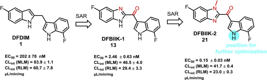 Graphical abstract for Tang research article "From methylene bridged diindole to carbonyl linked benzimidazoleindole: Development of potent and metabolically stable PCSK9 modulators"