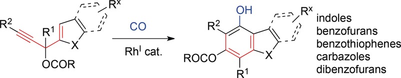 Graphical abstract image for "Rhodium(I)-Catalyzed Benzannulation of Heteroaryl Propargylic Esters: Synthesis of Indoles and Related Heterocycles"