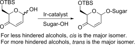 Graphical abstract image for Tang research article "ridium-Catalyzed Dynamic Kinetic Stereoselective Allylic Etherification of Achmatowicz Rearrangement Products"