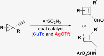 Graphical abstract for Tang article "Ring Expansion of Alkynyl Cyclopropanes to Highly Substituted Cyclobutenes via a N-Sulfonyl-1,2,3-Triazole Intermediate"