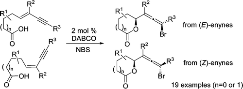 Graphical abstract image for Tang pub "DABCO-Catalyzed 1,4-Bromolactonization of Conjugated Enynes: Highly Stereoselective Formation of a StereogenicCenter and an Axially Chiral Allene"