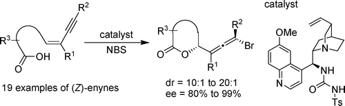 Graphical abstract for Tang pub "Enantioselective Bromolactonization of Conjugated (Z)-Enynes"