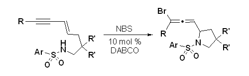 Graphical abstract for Tang pub "Synthesis of bromoallenyl pyrrolidines via 1,4-addition to 1,3-enynes"