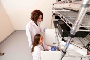 Two lab member working in the lab