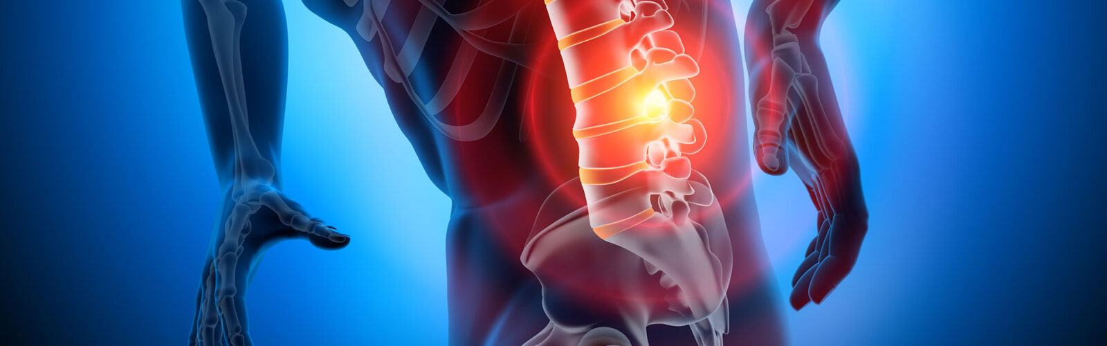 biologic illustration of human form with highlight on spine indicating pain