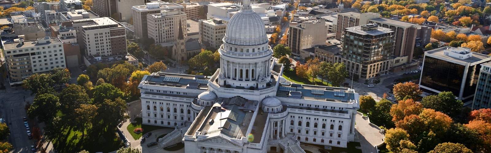 Aerial view of the Wisconsin state capitol building in downtown Madison
