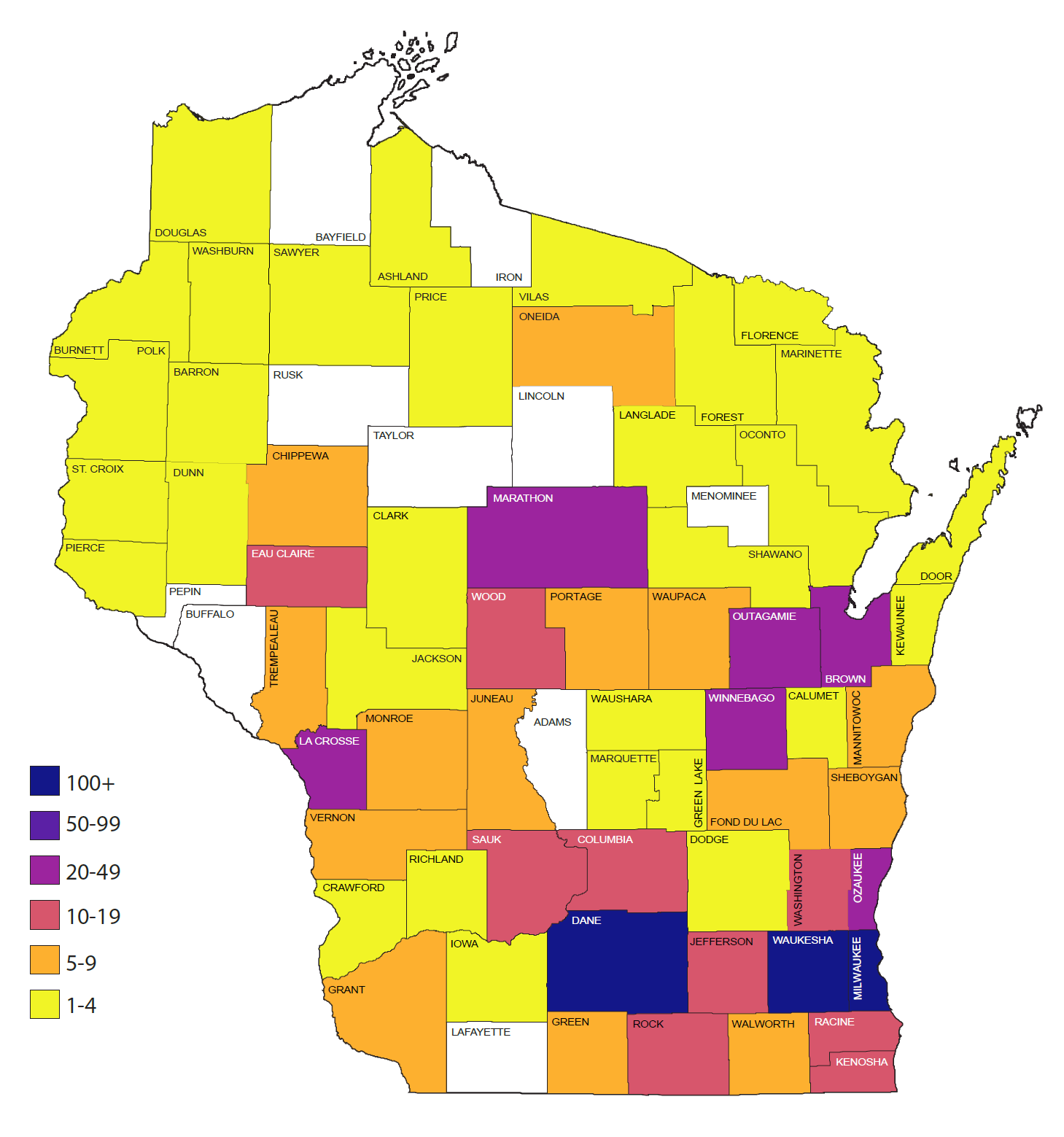 100+ members in Dane, Waukesha, and Milwaukee counties. 20-49 members in Marathon, LaCrosse, Outagamie, Brown, Winnebago, and Ozaukee counties. 10-19 members in Racine, Kenosha, Rock, Columbia, Sauk, Wood, and Eau Claire counties. 1-4 members in Douglas, Burnett, Polk, Barron, St. Croix, Dunn, Pierce, Sawyer, Ashland, Price, Vilas, Oneida, Langlade, Forest, Florence, Marinette, Oconto, Shawano, Door, Kewaukee, Calumet, Waushara, Marquette, Green Lake, Dodge, Jefferson, Iowa, Richland, Crawford, and Vernon Counties.