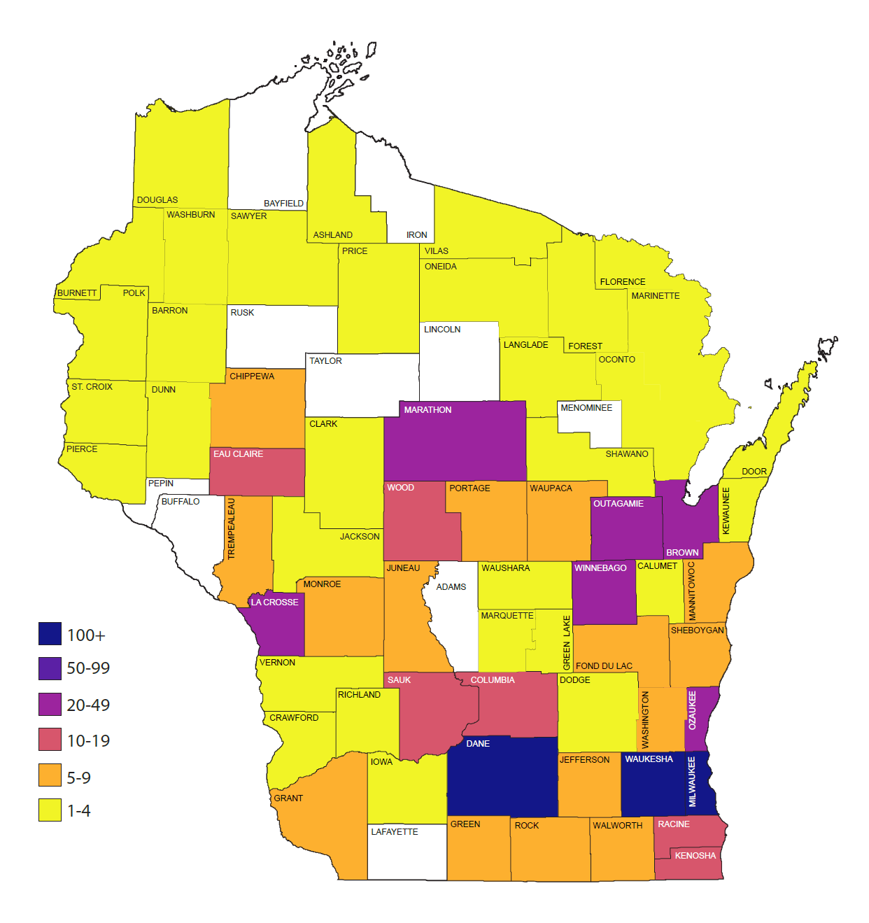 Color-coded map showing number of PEARLRx members in WI counties.