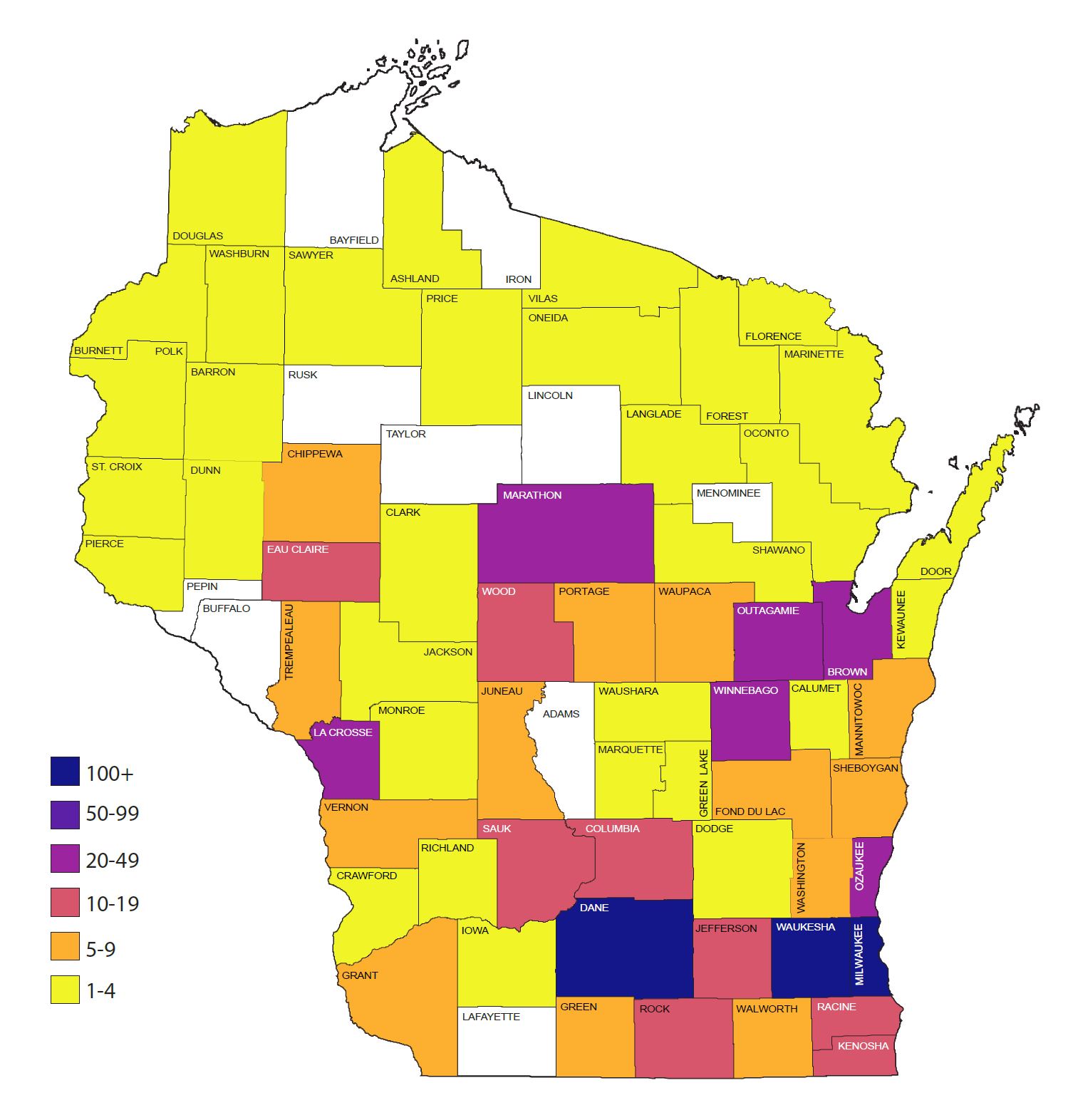 100+ members in Dane, Waukesha, and Milwaukee counties. 20-49 members in Marathon, LaCrosse, Outagamie, Brown, Winnebago, and Ozaukee counties. 10-19 members in Racine, Kenosha, Rock, Columbia, Sauk, Wood, and Eau Claire counties. 1-4 members in Douglas, Burnett, Polk, Barron, St. Croix, Dunn, Pierce, Sawyer, Ashland, Price, Vilas, Oneida, Langlade, Forest, Florence, Marinette, Oconto, Shawano, Door, Kewaukee, Calumet, Waushara, Marquette, Green Lake, Dodge, Jefferson, Iowa, Richland, Crawford, and Vernon Counties.