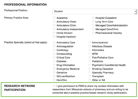 screenshot from PSW: checkbox for research network participation