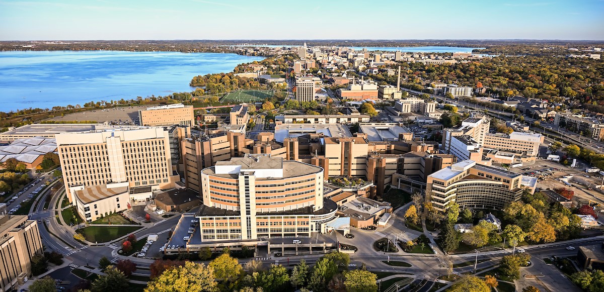 Aerial view of west side of UW-Madison campus, including American Family Children's Hospital, the UW Hospital, WI Institutes for Medical Research, School of Pharmacy, and the Health Sciences Learning Center