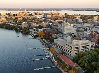 Aerial view of the lakeshore area of campus at sunset