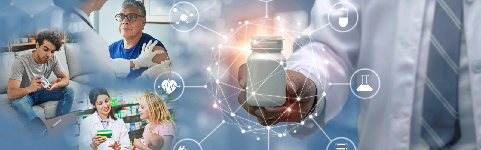 banner image of a pharmacist holding a pill bottle, with overlaid icons symbolizing the various aspects of pharmacist patient care: medical tests, medical records, heart health, immunizations, patient/provider partnership, etc.