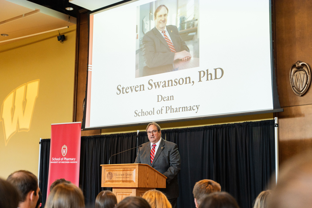 Steve Swanson, dean of the School of Pharmacy, speaks at the podium