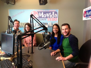 Left-right: Mark Van Allen, Programming Manager, Midwest Family Broadcasting Corporation and on-air personality for Magic 98, Q106, and Hank AM 1550, Torie Grover, UW-Madison School of Pharmacy, DPH-2 Student, Lucina Cervantes, UW-Madison School of Pharmacy, DPH-2 Student, and Diego Campoverde, Production Manager, Midwest Family Broadcasting Corporation and on-air personality for WLMV and La Movida 1480AM.