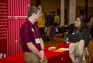 and Advanced Pharmacy Practice Experience (APPE) presentations to professional communication and etiquette, to networking and post-graduate opportunities. Lukas Brown, Target, (left) talks with Lissette Martinez, DPH-2, during the annual Career Fair.Lukas Brown, Target, (left) talks with Lissette Martinez, DPH-2, during the annual Career Fair.