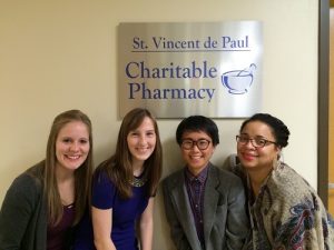 Left-right: Ali Ritscher, DPH-2, Katie Kuecker, DPH-3, Jen Liao, DPH-3, Yolanda Tolson, Managing Pharmacist, St. Vincent de Paul Charitable Pharmacy.