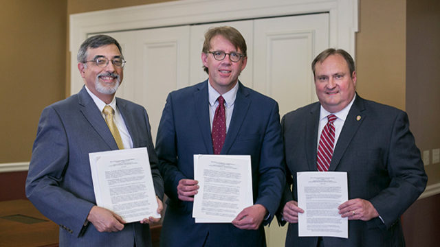 AIHP and WHS representatives sign an Memorandum of Understanding (MOU) at the Wisconsin Historical Society in Madison, Wisconsin on June 16, 2017 : Greg Higby, Matthew Blessing, Dean Steven M. Swanson