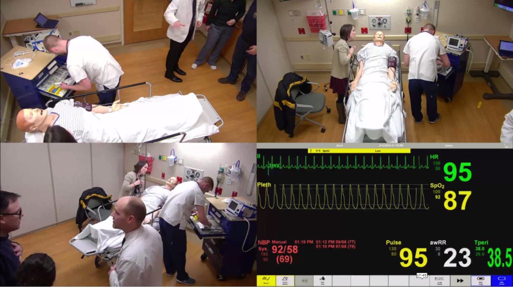 Four-panel image of simulation videos and the mannequin's vital signs.