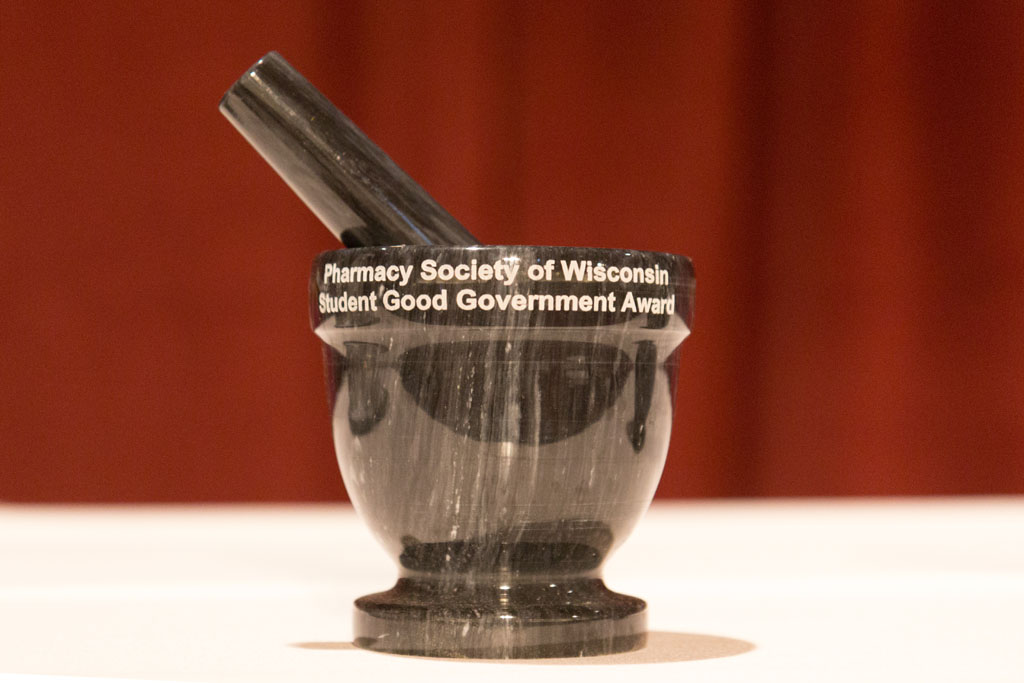 Photograph of Pharmacy Society of Wisconsin's Student Good Government Award, resembling a mortar and pestle