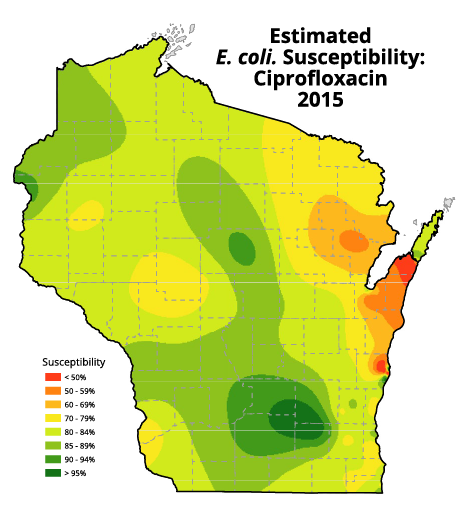 Map of Wisconsin showing estimated E. coli susceptibility for Ciproflaxacin in 2015