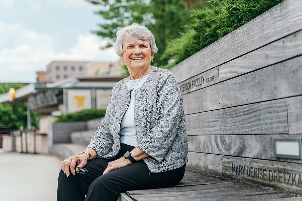 Bonnie Svarstad sits on a bench at the Memorial Union Terrace.