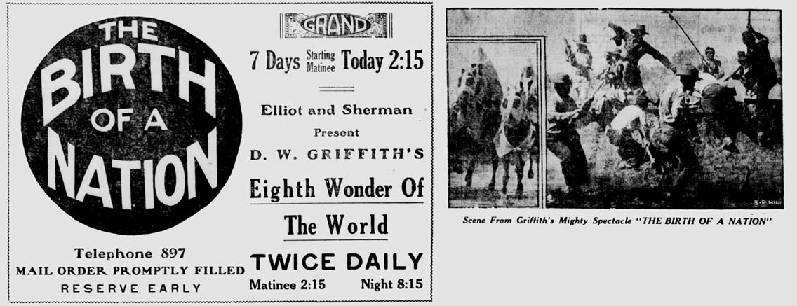 ad from the Wisconsin State Journal for Birth of a Nation to be shown in Feb of 1916