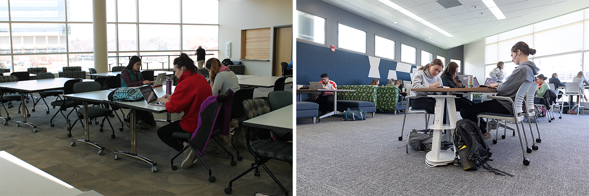 In the before photo, a few students sit at crowded tables. In the after photo, students study at spaced-out tables, showing booths along a wall and a laptop bar along a window, as well as a power tower near a study table