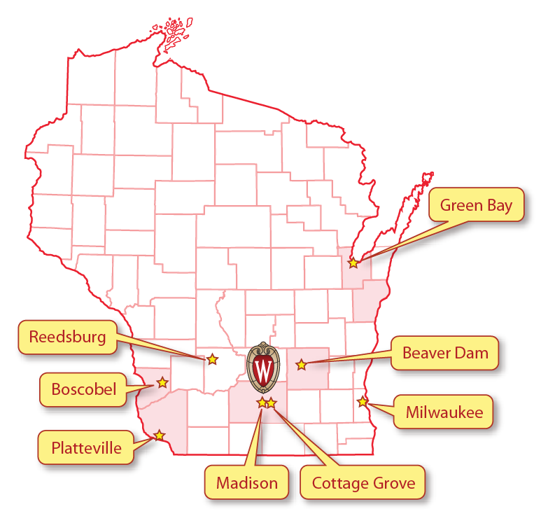 Wisconsin county map indicating all the practice sites for the community pharmacy residency program