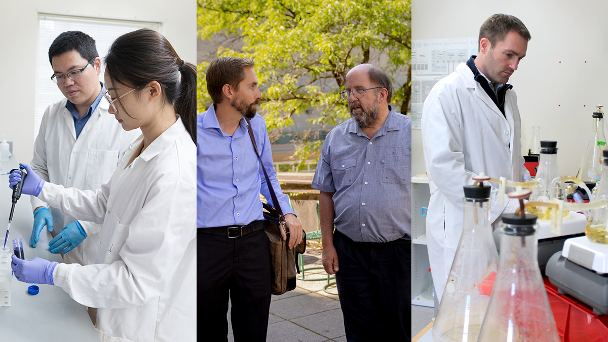 Assistant Professor Quanyin Hu and Pharmaceutical Sciences graduate student Sichen Yuan; Associate Professor Cody Wenthur and Professor Jay Ford; and Professor Warren Rose, associate dean for research.