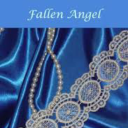 Cover for novel 'Fallen Angel,' featuring white lace and blue silk