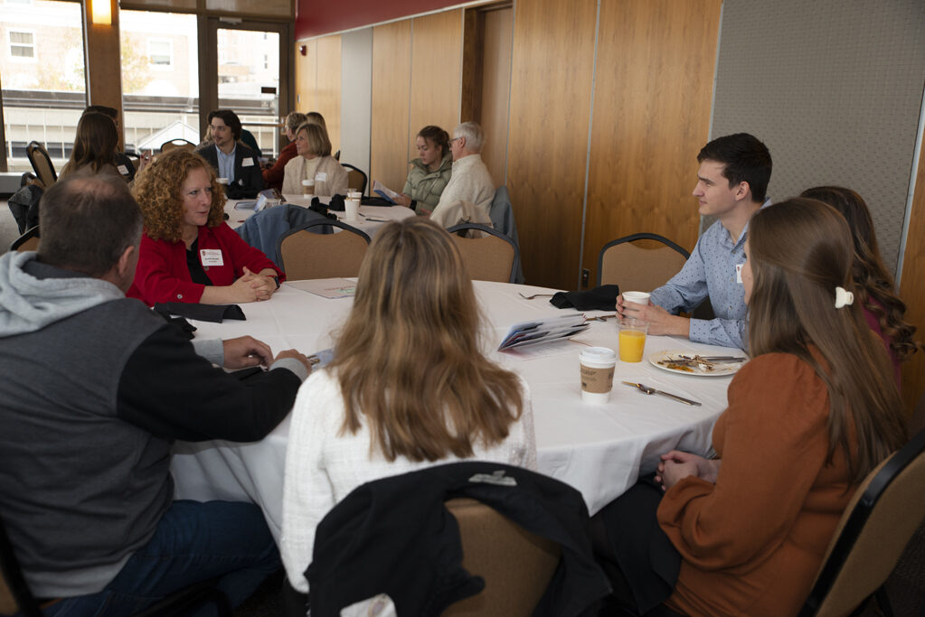 UW Chancellor Jennifer Mnookin speaks with PharmD students at the Fall 2022 Scholarship Brunch. | Photo by Ingrid Laas
