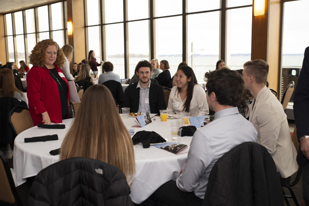 UW Chancellor Jennifer Mnookin speaks with PharmD students at the Fall 2022 Scholarship Brunch. | Photo by Ingrid Laas